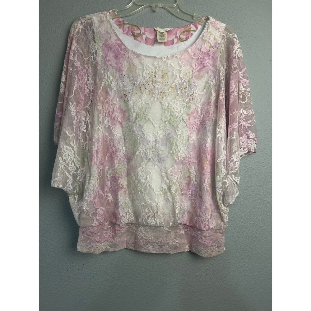 Brittany Black Lg Floral Lace Fairy Grunge Rhinestone Batwing Top Pink White USA